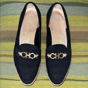 Salvatore Ferragamo Women's Black Suede Loafers Espadrilles W/ Gold Accent Sz 8B